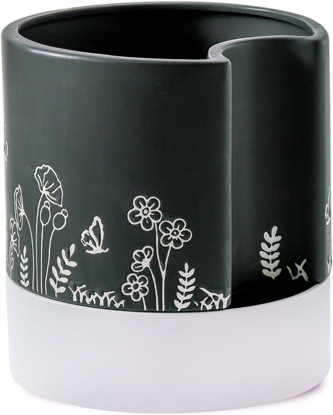 Nihow Self Watering Plant Pot: 8 Inch Ceramic Planter with Drainage Hole & Water Storage Plus for Indoor & Outdoor Plants - Cylinder Round Flower Pot for Succulent/Herbs/Violets - Black Nihow