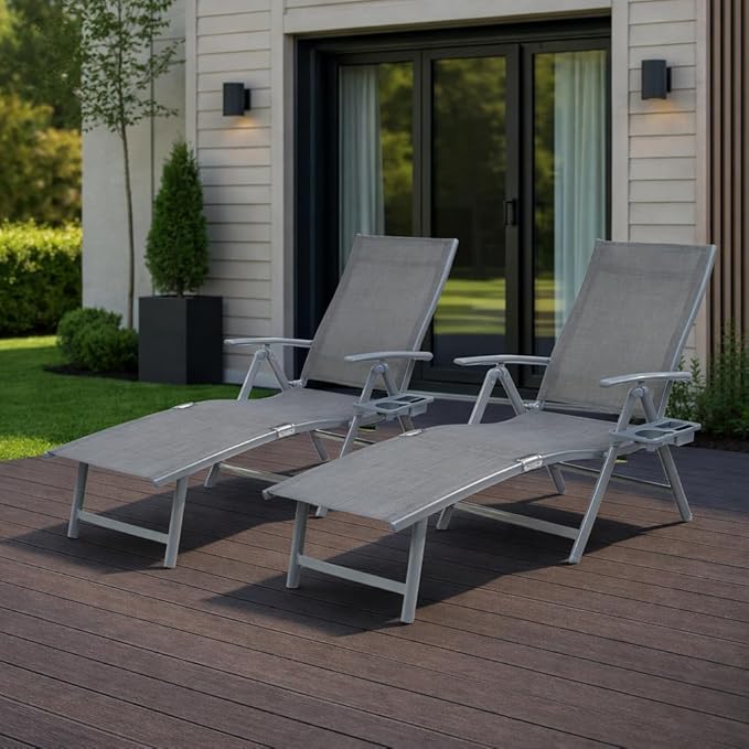 Kozyard Aluminum Outdoor Chaise Lounge Chair, Adjustable Reclining Patio Lounge with Drink Holder, Weather-Resistant Pool, Deck & Yard Recliner,Assemble-Free (Gray, 2Chairs) Kozyard