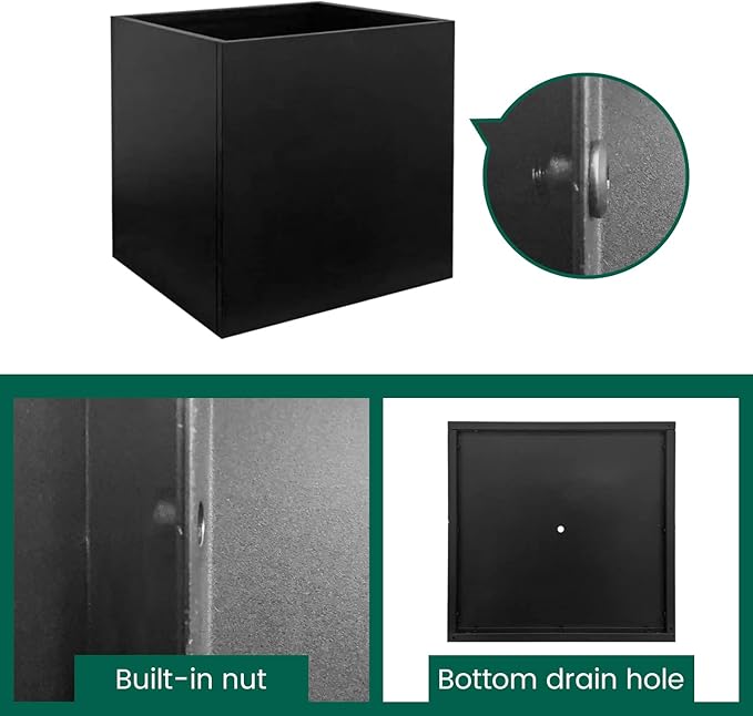 Galvanized Steel Planter Box Black Metal Planter 16Inch Square Indoor Outdoor Planters Cube Steel Heavy Duty Powder Coating Modern Commercial Residential for Patio, Yard, Garden GZGNEEVL