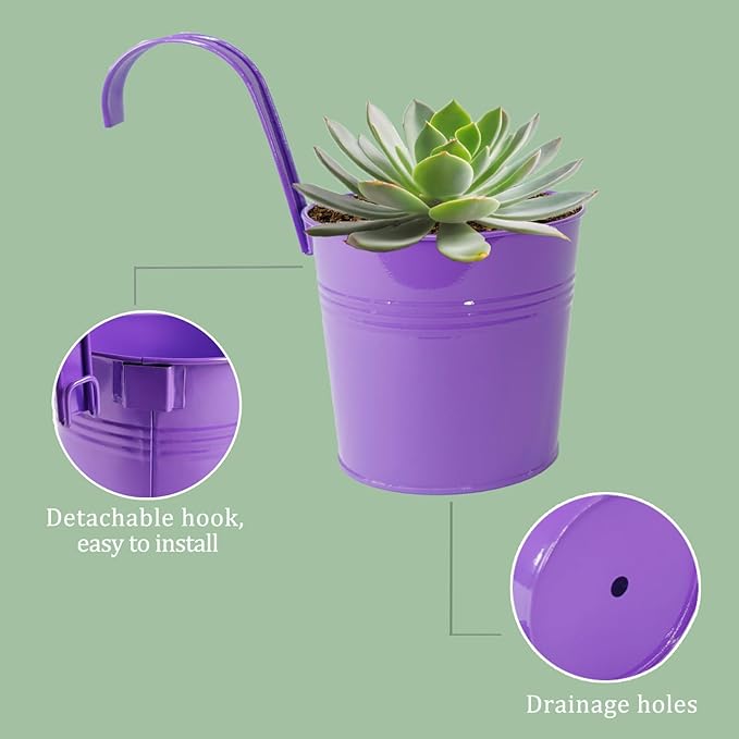 6 Inch Hanging Planters for Outdoor Plants, 10 Pack Metal Railing Planter, Rail Balcony Fence Flower Pot with Detachable Hooks, Colorful Garden Decor JOYFERNAL