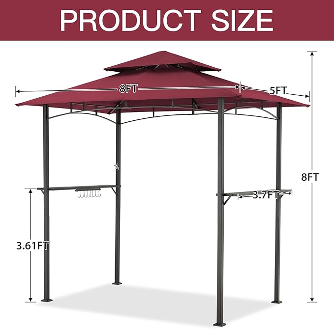 AECOJOY 8' x 5' Grill Gazebo, Grill Canopy for Outdoor Grill, 2- Tier BBQ Gazebo Shelter for Patio, Backyard and More (Wine Red) AECOJOY