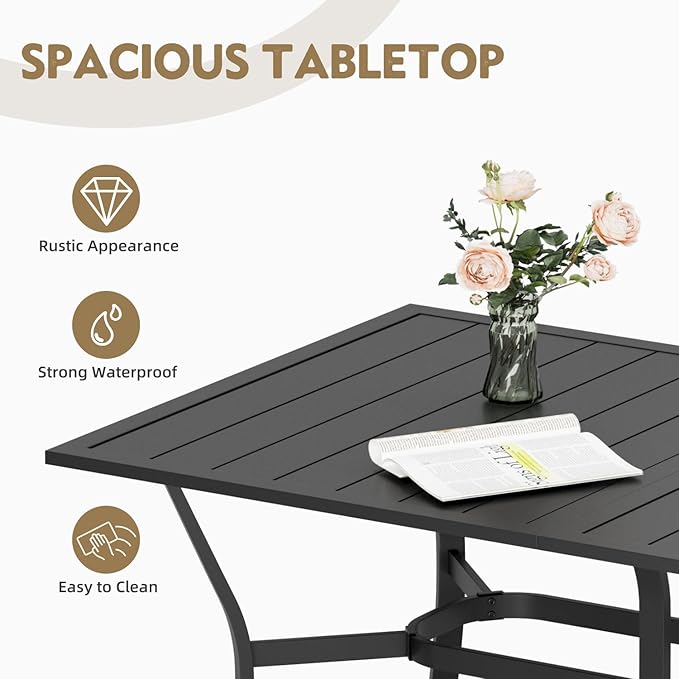 MELLCOM 63''x38'' Outdoor Dining Table for 6, E-Coating Metal Patio Dining Table with 1.57'' Umbrella Hole, All-Weather Black Rectangular Table for Porch, Garden, Backyard, Poolside, Lawn MELLCOM