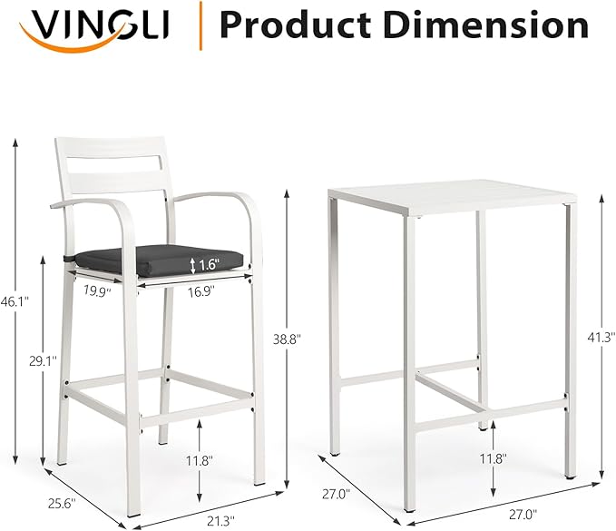 VINGLI 3-Piece Outdoor Bar Set, Aluminum Bar Height Table & 2 Chairs with Cushions, Counter Height Patio Furniture for Backyard, Poolside, Garden, Bistro, Indoor Outdoor Use (White) VINGLI