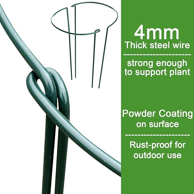 HiGift 16 Pack 24 Inch Plant Support Stakes, 10" Wide x 24" High Half Round Metal Garden Plant Stake Peony Support Cage, Green Plant Support Ring Border for Tomato,Hydrangea,Flower Indoor Outdoor HiGift