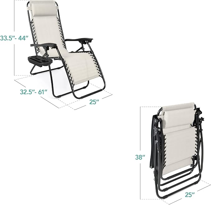 Best Choice Products Set of 2 Adjustable Steel Mesh Zero Gravity Lounge Chair Recliners w/Pillows and Cup Holder Trays - Ivory BestChoiceProducts