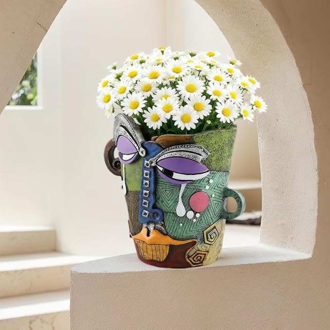 Picasso Abstract Face Flower Pot,Unique Resin Crafted Planter with Drainage Holes,Interesting Colorful Planter with Human face,for Indoor and Outdoor Botanical Home décor (Tears) Rootora
