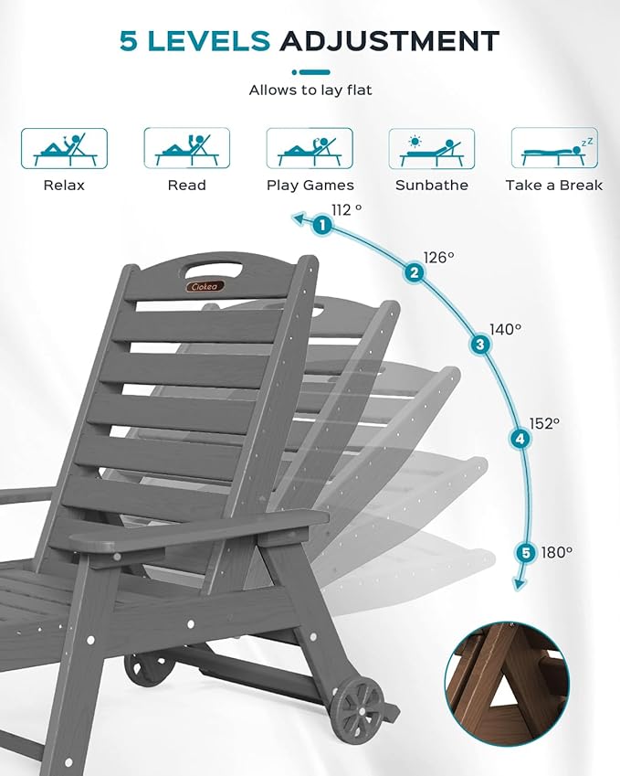 Ciokea Lounge Chair Outdoor, Oversized Chaise Lounge Chair with 5 Positions, HDPE, Patio Lounge Chair with Wheels & Cup Holder for Pool, Deck, Poolside, Dark Grey CIOKEA