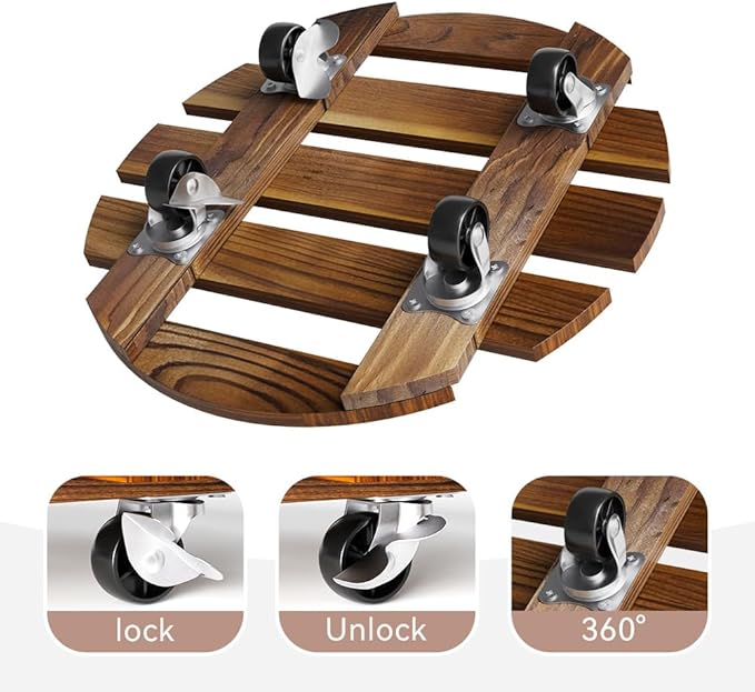 2 Pack Plant Stand Indoor and Outdoor, 12IN Premium Wooden Plant Caddy with Wheels, Heavy Duty Plant Stands with 360° Lockable Wheels, Classic Plant Cart Rootora