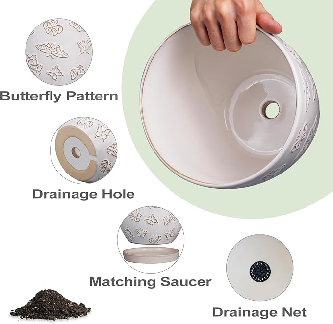 Ceramic Planter 8 Inch - White Plant Pot with Drainage Hole and Saucer Modern Flower Pot for Indoor Outdoor Plants EPFamily