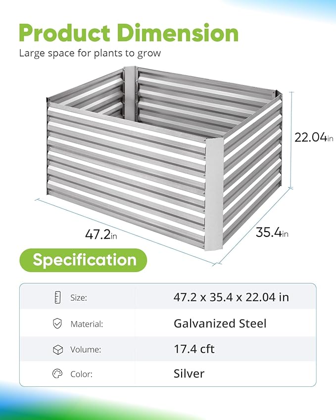 Quictent Galvanized Raised Garden Bed 4x3x2ft Tall Garden Bed Extra Height 22.4" Hold 24cft Soil Outdoor Heightened Planter Box for Deep Root Vegetables Herbs Tomato Cage Included, Silver QUICTENT