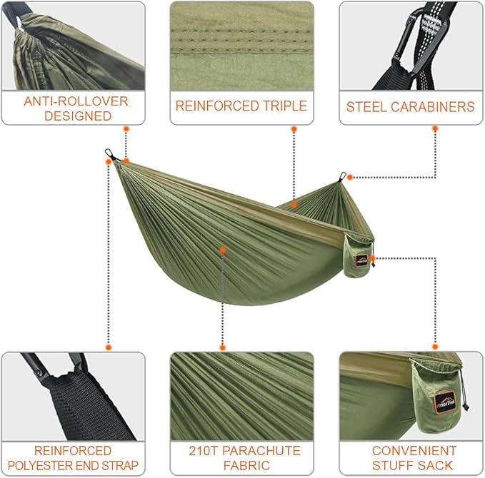 Camping Hammock, Super Lightweight Portable Parachute Hammock with Two Tree Straps Single or Double Nylon Travel Tree Hammocks for Camping Backpacking Hiking AnorTrek