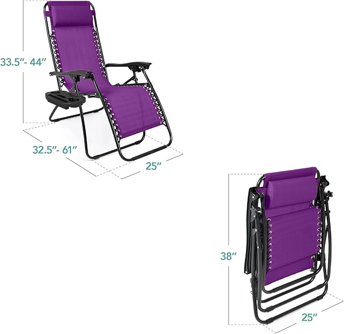 Best Choice Products Set of 2 Adjustable Steel Mesh Zero Gravity Lounge Chair Recliners w/Pillows and Cup Holder Trays - Amethyst Purple BestChoiceProducts