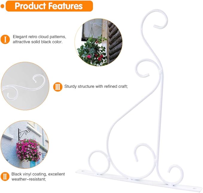 KABB Hanging Plant Bracket, 2 Pcs 10 Inch Iron Decorative Wall Planter Hanger Hooks for Hanging Plants Flower Baskets Wind Chimes Bird Feeders, Indoor Outdoor Rustic Home Decor, White Rootora