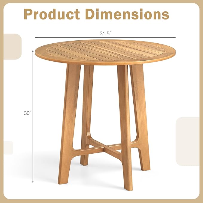 Tangkula 31.5" Round Patio Dining Table, Teak Wood Outdoor Dining Table with Slatted Tabletop, X-Shaped Frame & 4 Sturdy Supporting Legs, Indoor or Outside Table for Deck, Garden, Poolside & Backyard TANGKULA