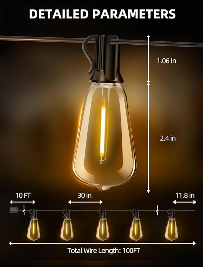 Outdoor Patio String Lights 100ft: ST38 LED Shatterproof Bulbs 3 Modes Button Control - Waterproof Connectable Lights - Wedding Bistro Party Gazebo Backyard Decorative Vozuji