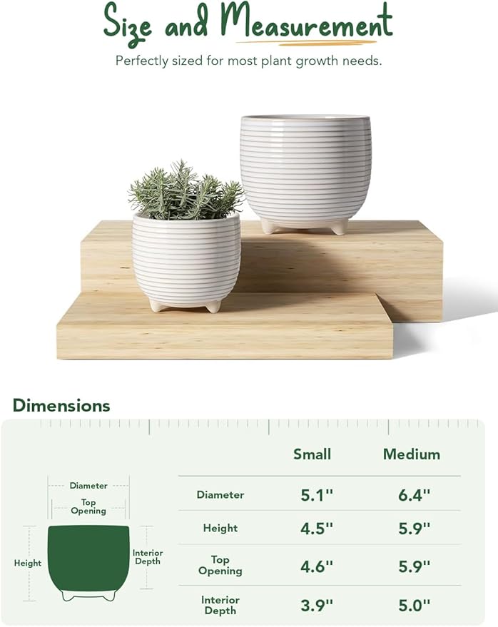 LE TAUCI Ceramic Plant Pots, 5.1 + 6.4 Inch Footed Pots for Plants, Modern Flower Pots for Home and Office, Indoor Planters with Drainage, Reactive Glaze White LETAUCI