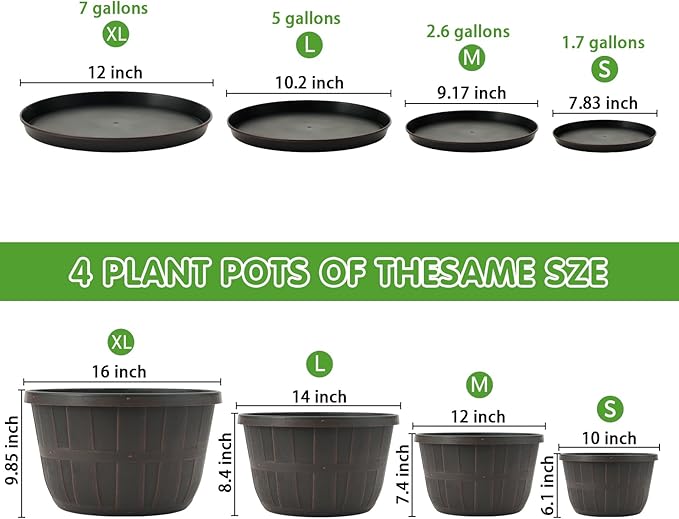 Quarut 14 Inch Plastic-Flower-Pot-for-Indoor-Plants, 4 Pack Large Outdoor Planter Pot with Drainage Holes & Saucers, Resin Decorative Garden Pots Planters（Brown） Quarut