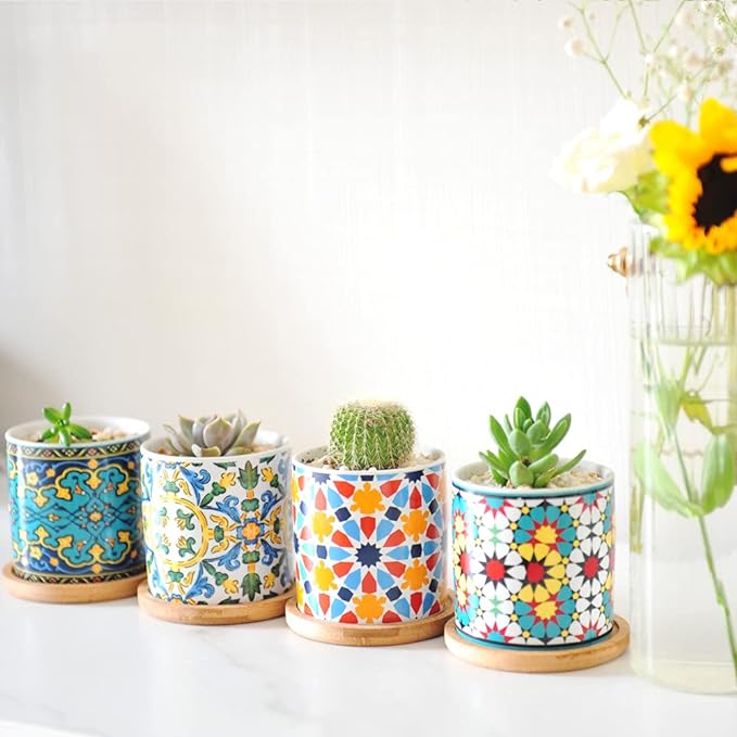 6 Pack Mandala Succulent Plant Pot with Bamboo Trays, Ceramic Multicolored Succulent Container Planter Pot for Small Plant Ascrafter