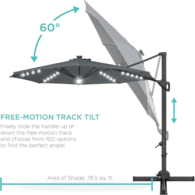 Best Choice Products 10ft Solar LED Cantilever Patio Umbrella, 360-Degree Rotation Hanging Offset Market Outdoor Sun Shade for Backyard, Deck, Poolside w/Lights, Easy Tilt, Cross Base BestChoiceProducts