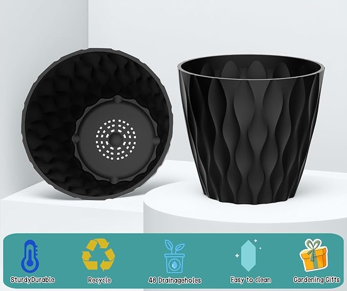 10 Pack 5 Inch Plant Pots with Drainage and Saucers, Black Plastic Flower Pots for Indoor and Outdoor Plants, Stackable Nursery Planters for Houseplants and Herbs, Black zople