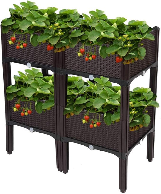VINGLI Square Raised Garden Bed, Self-Watering Plastic Planter for Indoor Outdoor Vegetables, Fruits, Potato, Flowers, All Weather (4 Pcs) VINGLI