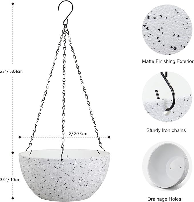 8 inch Hanging Planters for Small Indoor Outdoor Plants, 2 Pack Hanging Flower Pots with Drainage Holes and Chain for Garden Porch, Plastic Hanging Baskets for House Plants, Speckled White Meowell
