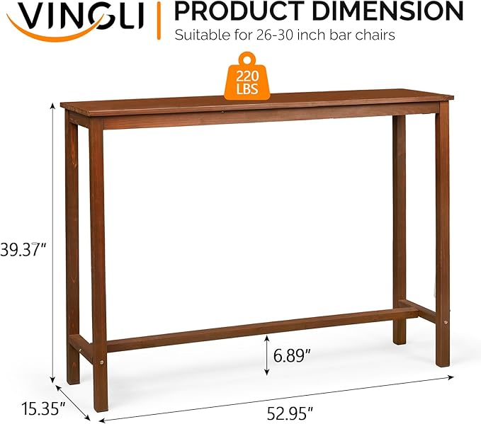 VINGLI Wooden Outdoor Bar Table, Wood Patio Counter Height Table, Weather-Resistant Patio Pub Table for Garden, Balcony, Poolside, Backyard, Indoor Use (Brown, 53") VINGLI