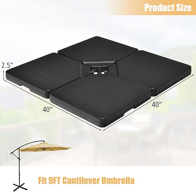 Tangkula 4Pcs 13L 220 lbs Cantilever Offset Patio Umbrella Base, Water & Sand Filled Heavy Duty Outdoor Umbrella Base, Square Umbrella Base Plate Set with Easy-Fill Spouts, Black TANGKULA