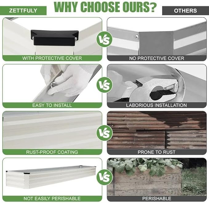 Galvanized Raised Garden Bed Outdoor | Metal Raised Garden Bed for Gardening 2Pack | Large Planter Box for Vegetables Flowers Fruits | Easy Assembly & Safety Design Flower Beds 12x2x1ft White Zettfuly