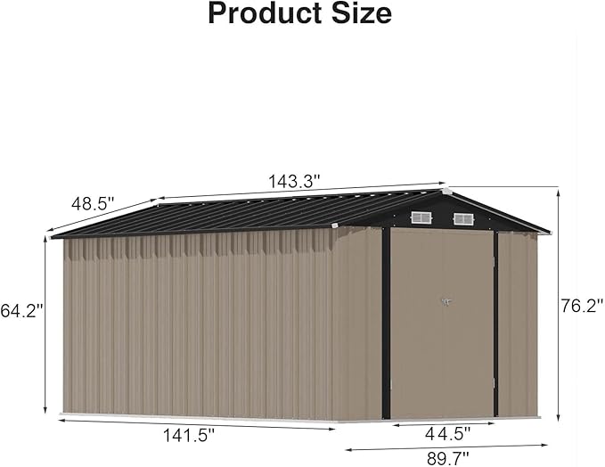 Patiowell 12 x 8 FT Outdoor Storage Shed, Steel Shed Storage House with Design of Lockable Doors, Utility and Tool Storage for Garden, Patio, Backyard, Outside use, Brown Patiowell