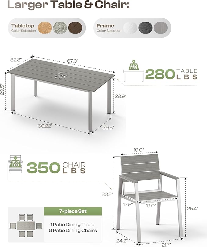 Aluminum Outdoor Dining Set for 6, Patio Table and Chairs Set with Umbrella Hole, 7 Pieces HDPS Outdoor Furniture Sets for Patio, Garden (Gray & Teak) Oasbira