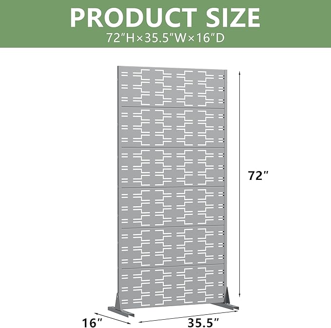 Casaphoria Metal Privacy Screen Outdoor, 72" H x 35" W Freestanding Decorative Privacy Screen for Patio Deck Balcony Garden with Stable Base, Grey-Brick Casaphoria