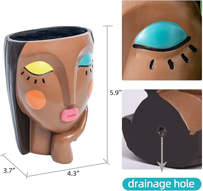 Face Planter Pots for Indoor Plants, Resin Head Planter Succulent Planter Flower Planter Cute Girl Head Pots with Drainage Hole - Painted Thinking Girl Closed Eyes Saysmile