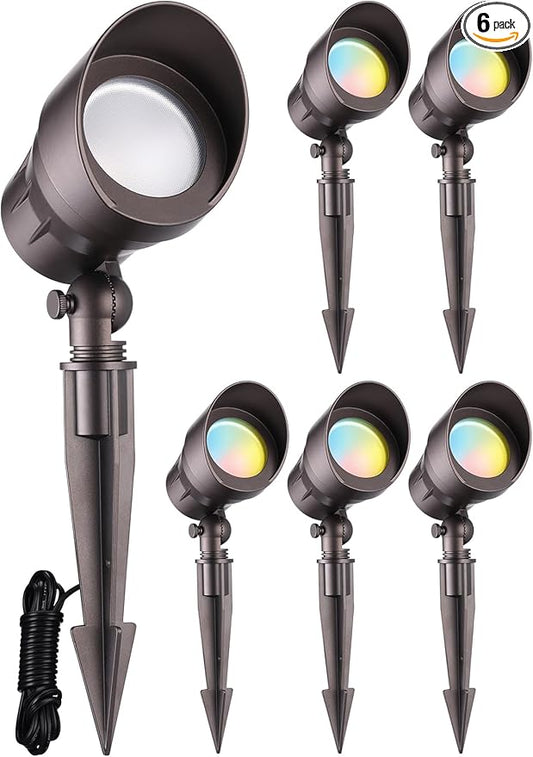 LEONLITE 5CCT Low Voltage LED Landscape Spotlight, Update 1800K2700K3000K4000K5000K Selectable, 5W 12V Pathway Lights Outdoor, CRI90, Aluminum Spot Lights for Garden, ETL, IP65 Waterproof, Pack of 6 LEONLITE