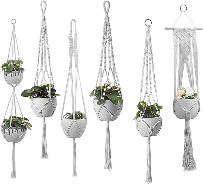 Plant Hanger Indoor, Macrame Plant Hangers Indoor Macrame Hanging Planters for Indoor Plants - 6 Pack Hanging Plant Holders Indoor Hanging, Macromay Plant Hangers for Indoor Plant Hanger,Gray Feedee