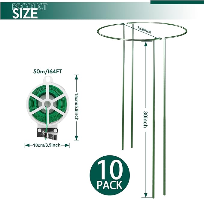 10 Pack 30 Inch Plant Support Stakes, Heavy-Duty Half Round Peony Support Ring Cage, Metal Garden Plant Stakes for Outdoor Plants - Peony, Tomato, Hydrangea with Cuttable Plant Ties LKSSZS