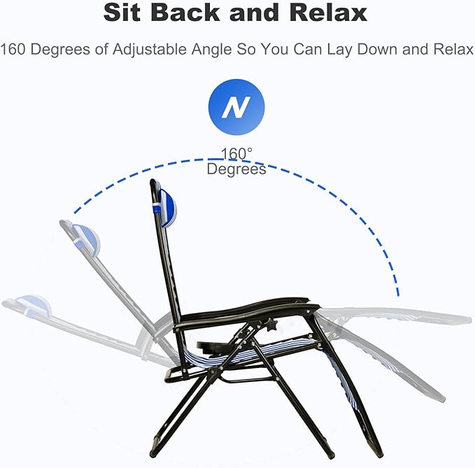 Nazhura Set of 2 Relaxing Recliners Patio Chairs Adjustable Steel Mesh Zero Gravity Lounge Chair Beach Chairs with Pillow and Cup Holder (Navy Blue Stripe) NazhuraGoodCompanionAtHome