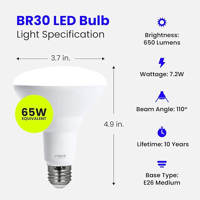 Feit Electric BR30 LED Light Bulb, 65W Equivalent, Dimmable, 650 Lumens, E26 Standard Base, 2700K Soft White, 90 CRI, Recessed Can Light Bulbs, 12-Year Lifetime, BR30DM927CA10K/MP/12, 12 Pack FeitElectricCompany