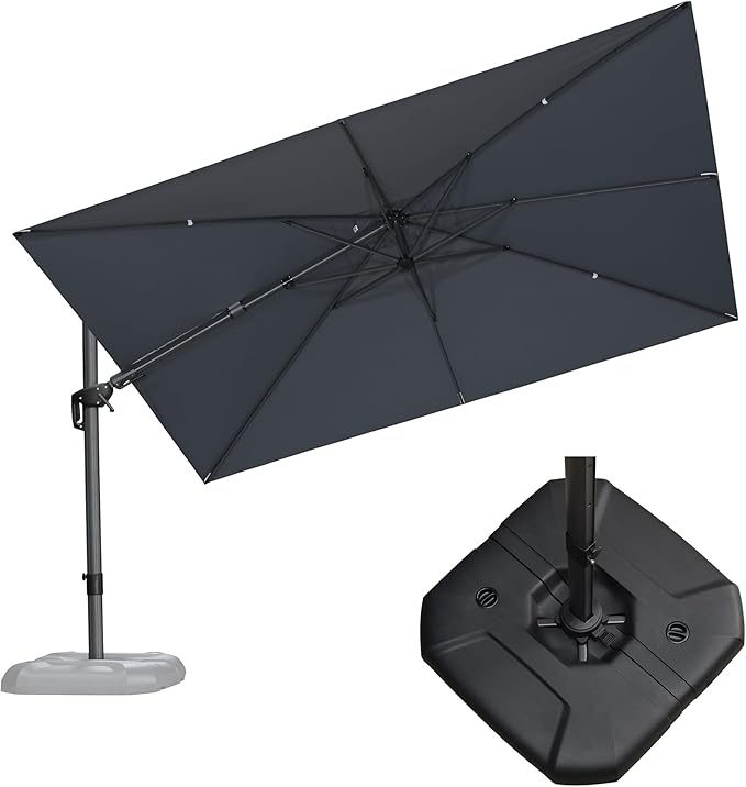 PURPLE LEAF 11.5' X 8.2' Tilting Patio Umbrella with Base Outdoor Cantilever Swivel Rectangle Umbrella Aluminum Offset Umbrella with 360-degree Rotation for Garden Deck Pool Patio Light Grey PURPLELEAF