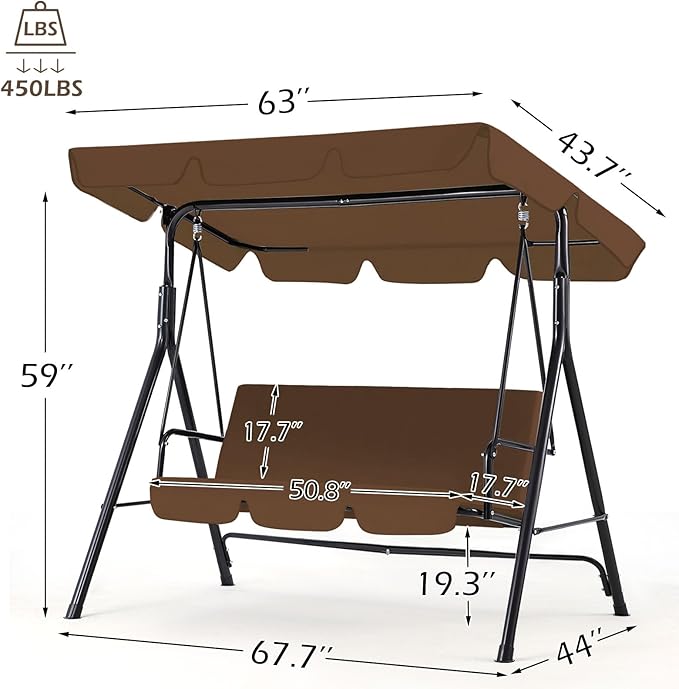 AECOJOY Porch Swing with Stand. 3-Seat Outdoor Clearance Porch Swings for Adults, Outdoor Patio Swing with Adjustable Canopy & Removable Cushion for Backyard, Garden, Yard, Poolside, Balcony (Brown) AECOJOY