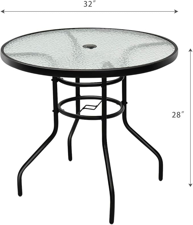Tangkula 32" Round Outdoor Table with Tempered Glass Top, Patio Dining Table with Umbrella Hole & Metal Frame, Outside Bistro Table for Backyard, Lawn, Deck & Poolside TANGKULA