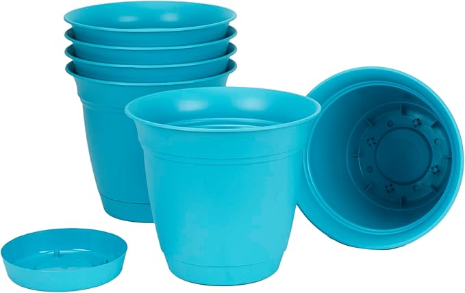 The HC Companies 8 Inch Eclipse Round Planter Pots with Drainage Holes & Attached Saucer, Lightweight UV-Resistant Plastic Indoor & Outdoor Planters, 6-Pack Flower Pots for Garden & Home Decor, Teal TheHCCompanies