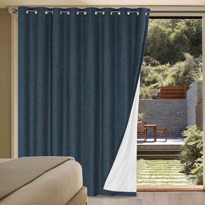 H.VERSAILTEX Linen Blackout Curtains Durable Thick Textured Linen Look 100% Blackout Patio Door Curtain Anti Rust Grommet Extra Wide Sliding Door Curtain Panel, W100 x L84 inch - Navy HVERSAILTEX
