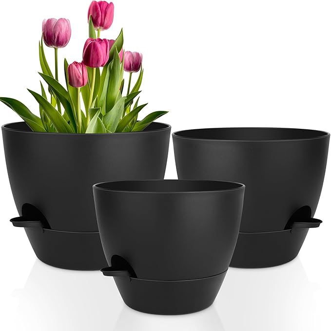 Plant Pots 12/10/9 Inch Self Watering Pots, Set of 3 Plastic Planters with Drainage Holes and Saucers,Plastic Flower Pots,Nursery Planting Pot for Indoor Out Door Plants(Pure Black) QRRICA