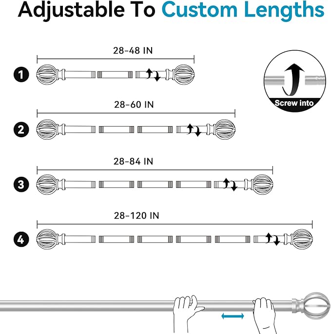 Silver Curtain Rods for Windows 28 to 48 Inch, 2 Pack 5/8" Diameter Heavy Duty Metal Adjustable Small Drapery Rod With Bracket Poskena