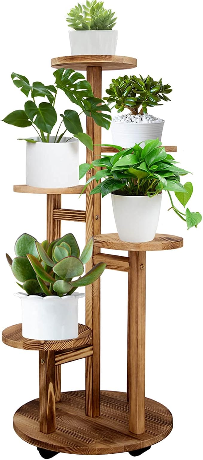 GEEBOBO 5 Tiered Tall Plant Stand for Indoor, Wood Plant Shelf Corner Display Rack, Multi-tier Planter Pot Holder Flower Stand for Living Room Balcony Garden Patio (Walnut) GEEBOBO