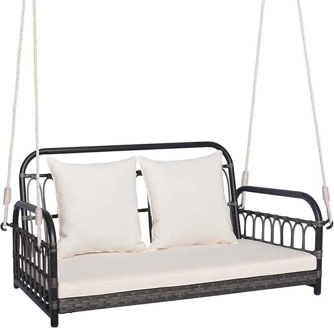 Tangkula Outdoor Wicker Porch Swing, 2-Person Hanging Seat with Seat & Back Cushions, Heavy-Duty Metal Frame & 2 Sturdy Hanging Ropes, Wicker Woven Swing Loveseat for Front Porch TANGKULA
