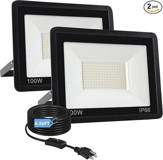 100W Flood Lights Outdoor,12000LM Bright LED Work Light,IP66 Waterproof Outdoor with Switch and 6.5FT Plug,6500K Daylight White Outside Lights for Yard，Garage,Garden,Stadium(2 Pack) Rootora