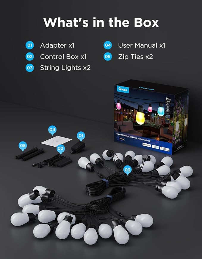 Govee S14 Bulb Outdoor String Lights 2, 96ft Smart RGBIC Warm White Patio Lights with 15 LED Bulbs, 111 Scene Modes for Outdoor Decor, Upgraded IP66 Compatible with Alexa, Google, Matter, APP Control Govee