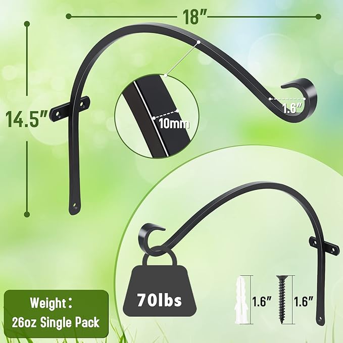 FEED GARDEN 18 Inch 2 Pack Outdoor Hanging Plant Bracket for Bird Feeders, Wind Chimes, Lanterns, Heavy Duty Metal Iron Wall Hooks with 6 Screws FEEDGARDEN
